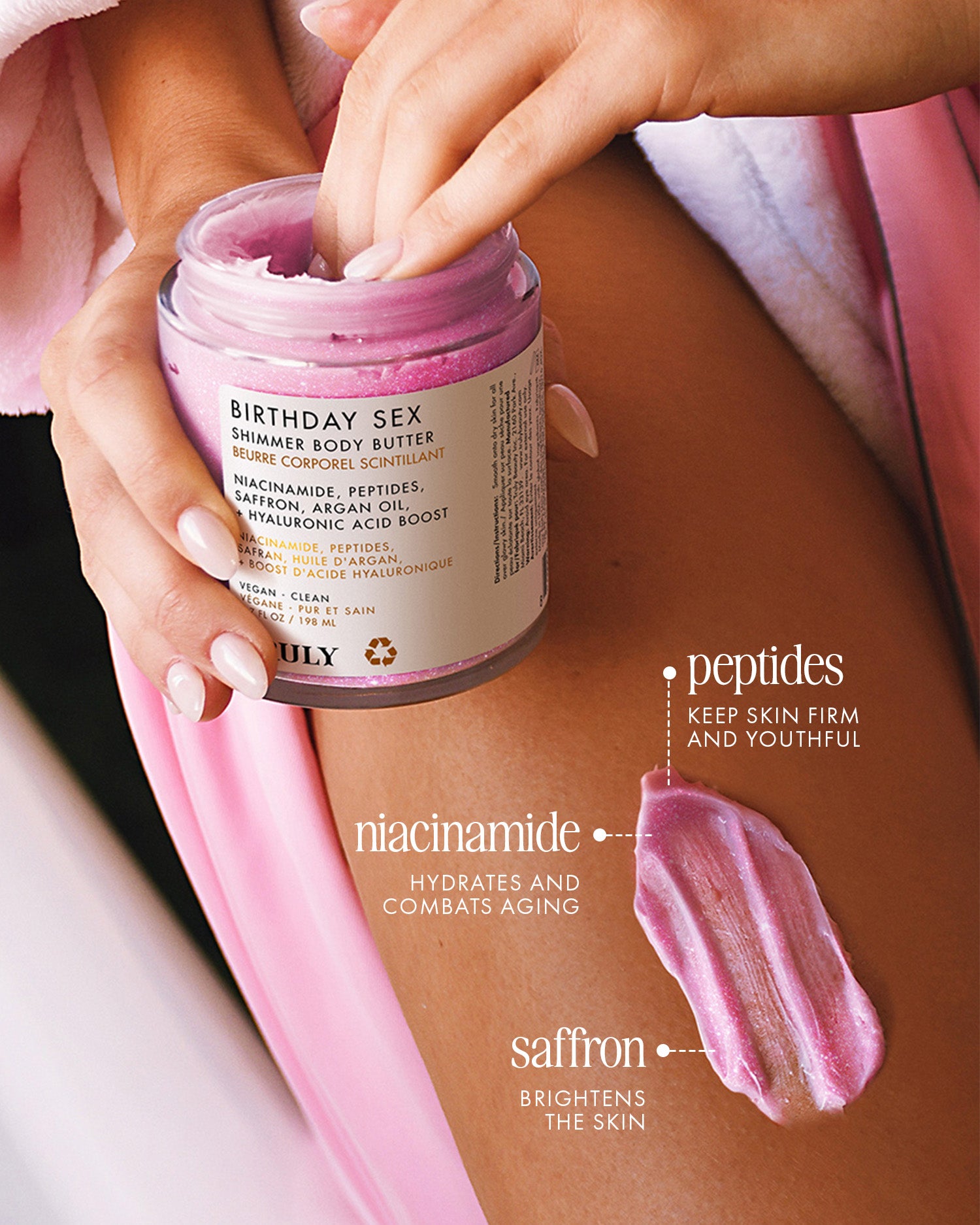 A person applies Truly Beauty’s Birthday Sex Shimmer Body Butter to their leg, a hydrating formula with peptides for firm skin, niacinamide to hydrate and fight aging, and saffron for an illuminating glow.