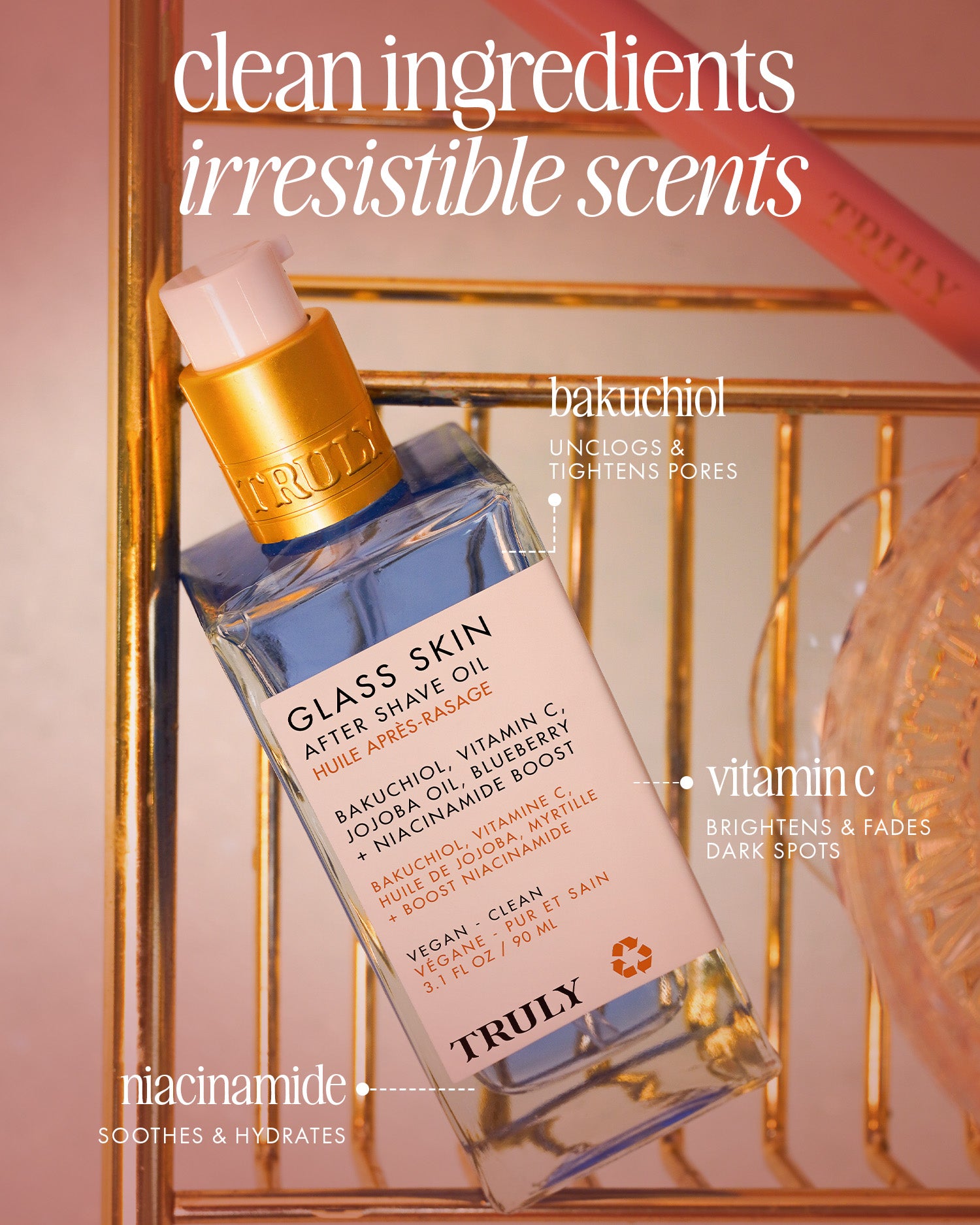 A bottle of Truly Beautys Glass Skin After Shave Oil rests on a gold wire rack, highlighting its blend of bakuchiol, vitamin C, and niacinamide—powerful ingredients featured in text overlays for glowing skin.