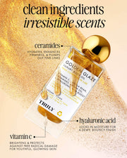 A shimmering golden bottle of Truly Beauty’s Golden Glaze Luxury Body Oil highlights hydrating ceramides, hyaluronic acid, and vitamin C. Clean ingredients and irresistible scents are emphasized on the label.