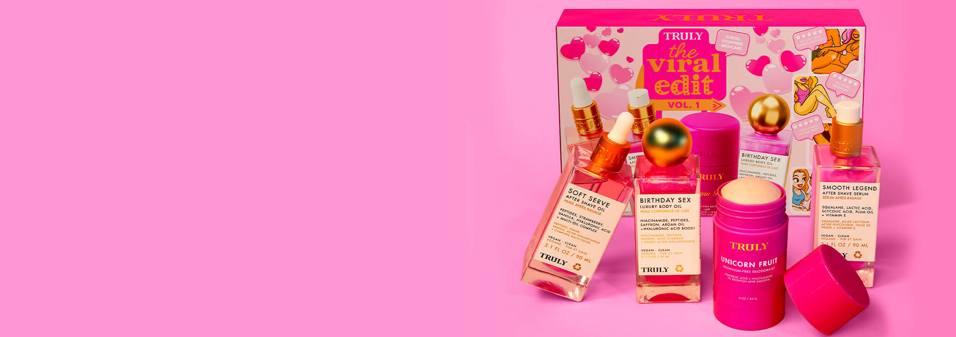 The viral kit Cosmetic products on a decorative tray with a pink background