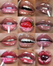 A grid of twelve close-ups shows lips wearing Truly Beauty’s The Glossy Duo in nude, pink, and berry shades. Some lips hold a strawberry or cherry. Shades—Vanilla Baby, Soft Serve, Glazed Donut, Cherry Baby—are labeled.
