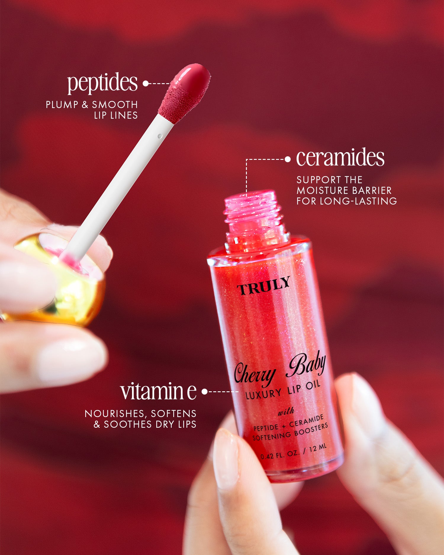 A hand holds an open tube from The Shimmer Duo by Truly Beauty with a doe-foot applicator. Text highlights peptides, ceramides, and vitamin E for smooth, fuller-looking lips.