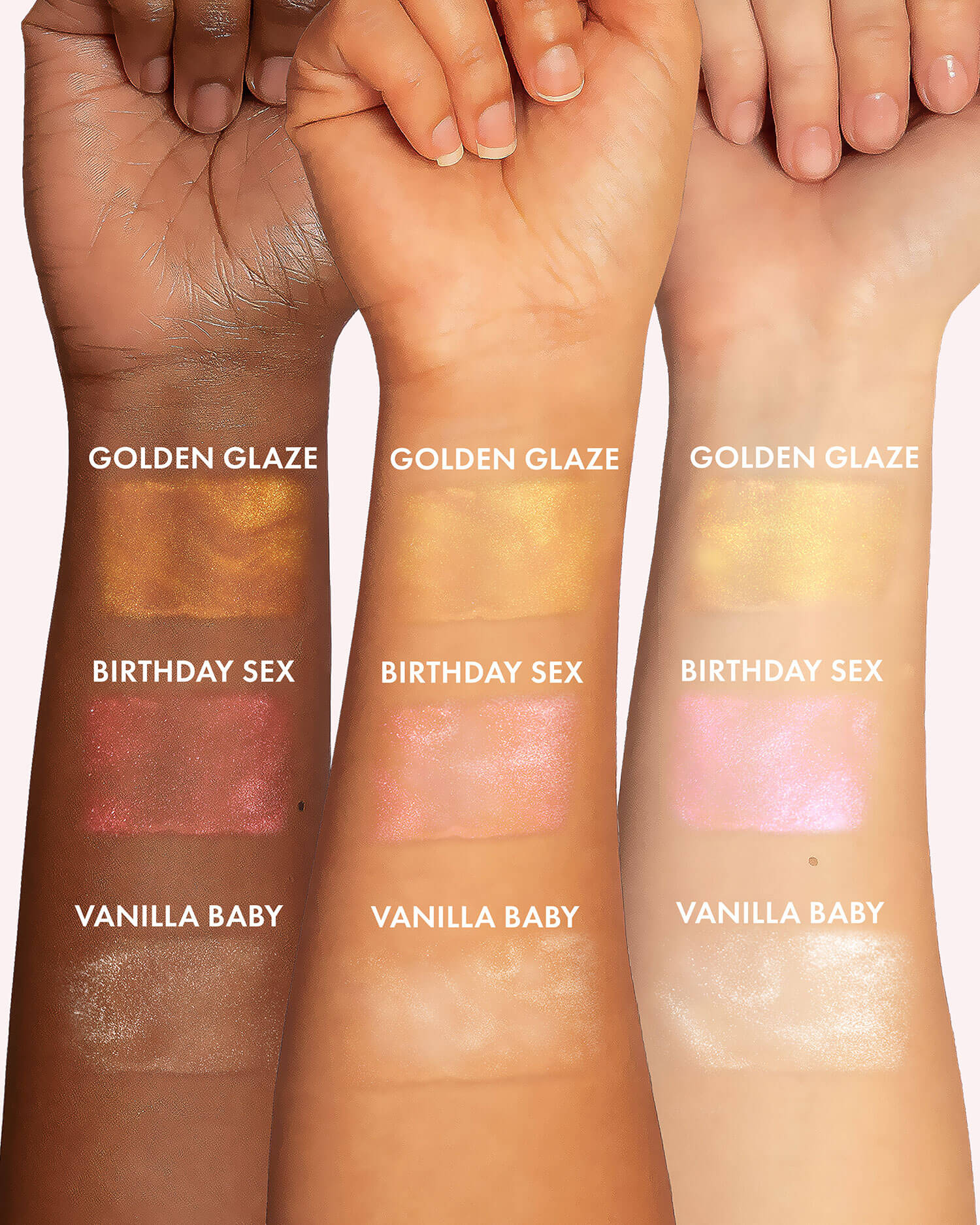 Three forearms of varying skin tones show swatches of Truly Beauty’s Birthday Sex Luxury Body Oil—infused with illuminating shimmer and peptides to enhance and nourish skin for all tones.