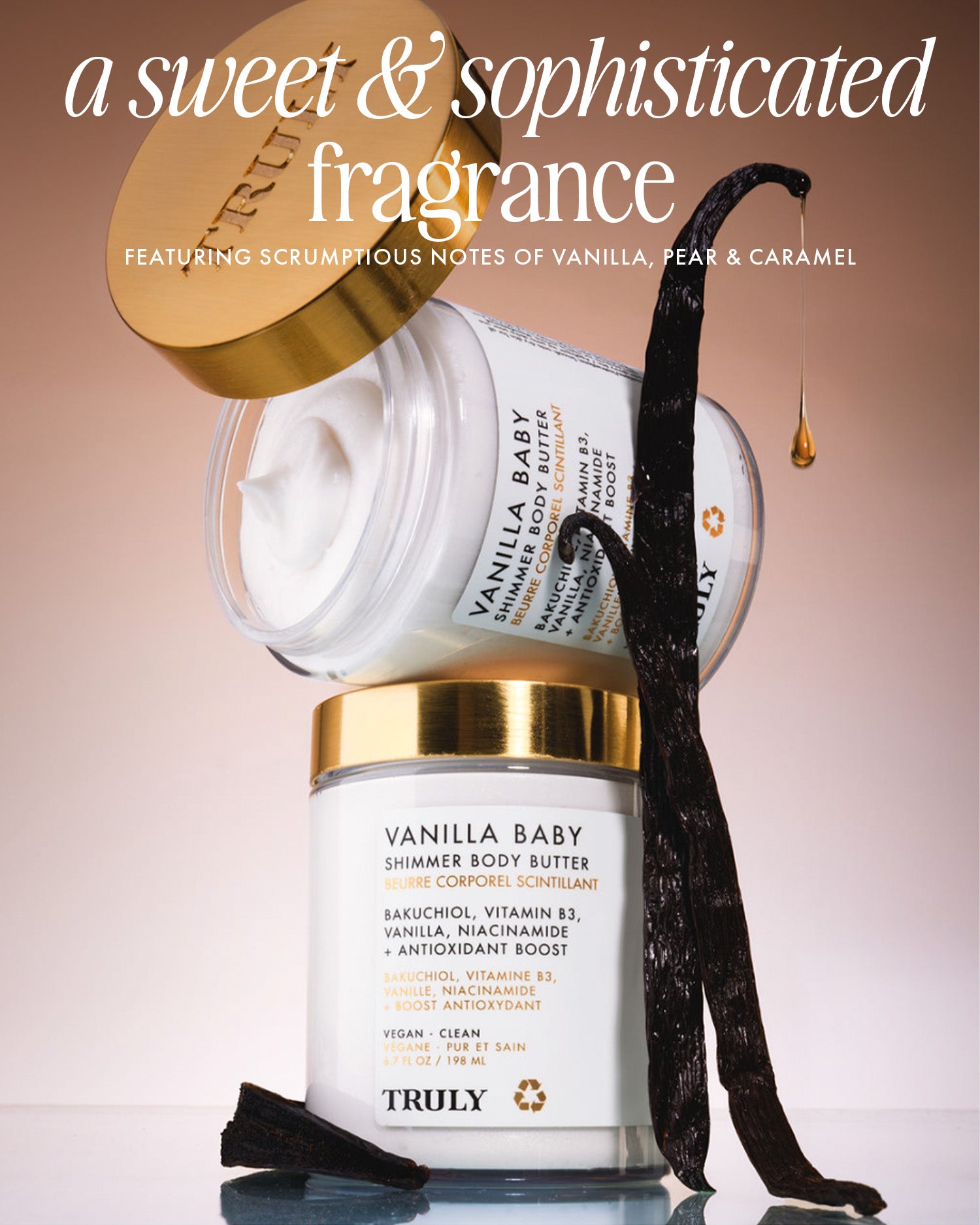The Truly Beauty Vanilla Baby Luxury Trio features shimmer body butter with vanilla beans, a caramel drop, and notes of pear and caramel for luminous skin and a sophisticated warm vanilla scent.