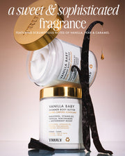 The Truly Beauty Vanilla Baby Luxury Trio features shimmer body butter with vanilla beans, a caramel drop, and notes of pear and caramel for luminous skin and a sophisticated warm vanilla scent.